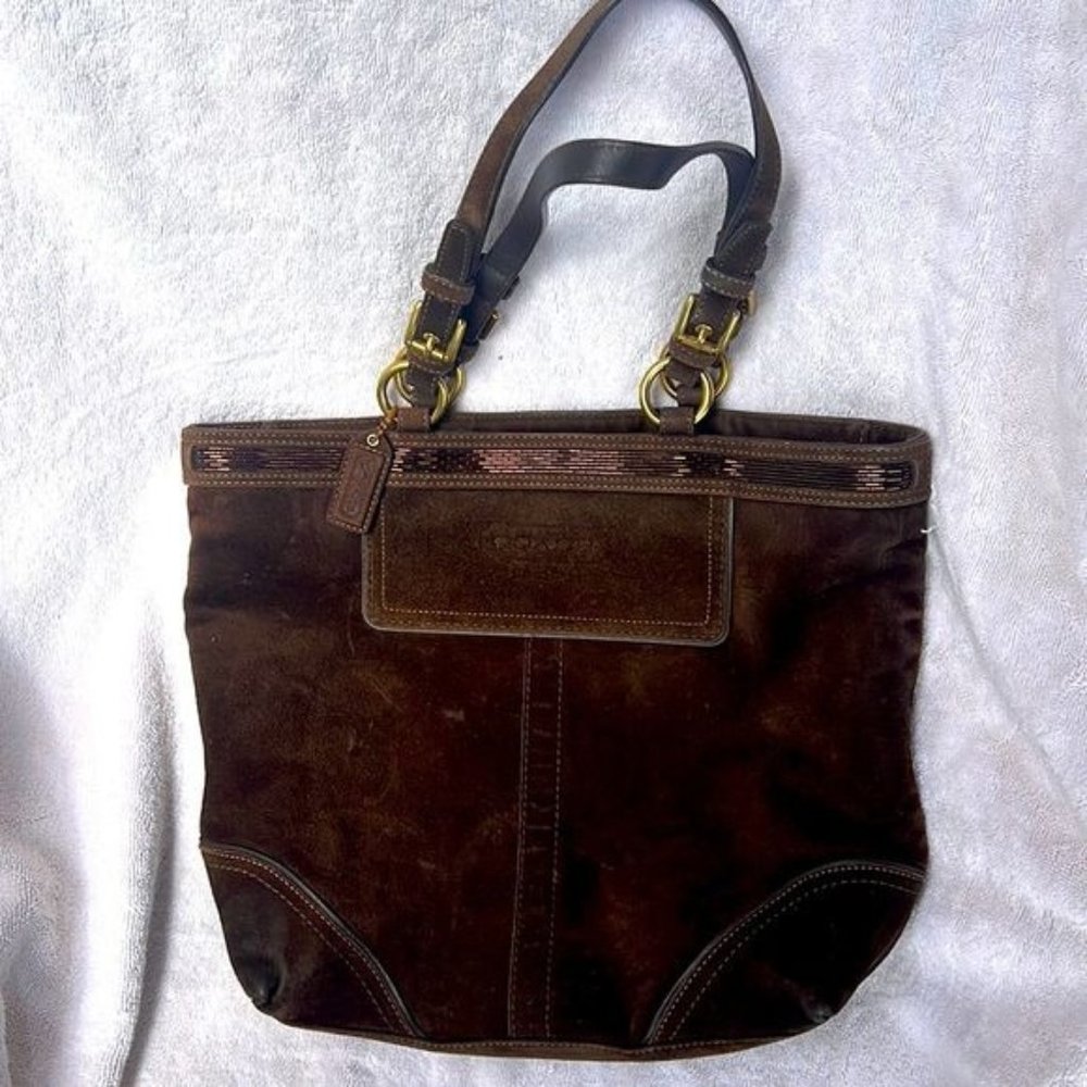 COACH #10442 Retired Beaded, Brown, suede bag with zip closure